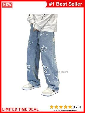 High Waisted Baggy Star Patchwork Straight Leg Jeans